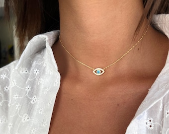 Silver 925 Evil Eye Necklace, Third Eye Necklace, light Blue Evil Eye Choker, Silver Eye Pendant, Eye Charm Necklace, Dainty Eye Necklace,