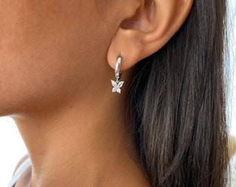 Butterfly Charm Hoop Earrings, CZ Butterfly Drop Dangle Earring, Sterling Silver or Rose Gold