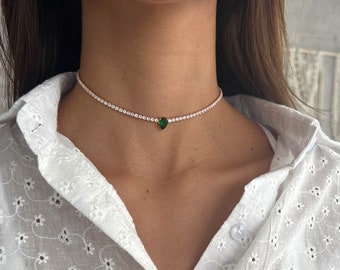 Collier tennis en argent 925, ras de cou tennis avec pendentif en forme de larme, ras de cou tennis avec cz cz poire vert émeraude, collier ras de cou tennis vert oxyde de zirconium