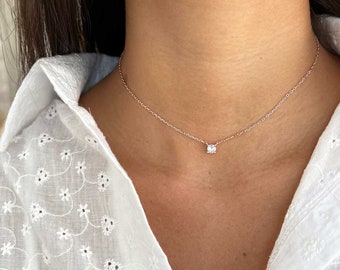 Diamond Solitaire Choker Necklace, 14k Gold or Rose over Sterling Silver 925 with Cubic zirconia, 5mm CZ Charm Pendant, Minimalist Necklace