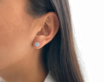 Silver 925 Stud Earring, Minimalist CZ Light Blue Solitaire Earrings, Tiny Rose Gold Stud Earring, Dainty Blue cubic zirconia Earring