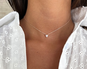 CZ Heart Solitaire Necklace, Sterling Silver 925 Heart Pendant Choker, Rose Gold Plated Heart Necklace for Women