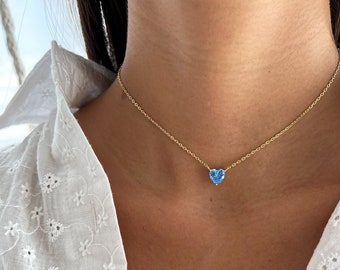 14k Gold Heart Solitaire Necklace, Women Necklace, Dainty Heart Necklace, Blue CZ Necklace, Silver 925 Cubic Zirconia Necklace, Gift For Her