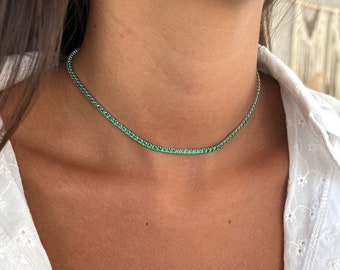 Tennis Necklace Silver 925, Emerald Green CZ Tennis Choker, 2.5 mm Cubic Zirconia Tennis Choker Necklace, Sterling silver Choker Necklace