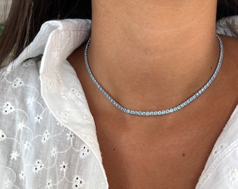 Sterling Silver 925 Tennis Necklace, Light Blue Tennis Choker, 2.5mm CZ Tennis Choker, Blue Cubic Zirconia Tennis Choker, Silver Choker