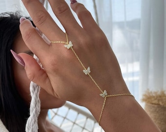 Butterfly Hand Chain Bracelet, Ring Chain Finger Bracelet, 925 Sterling  Silver, Gold or Rose Gold Jewelry