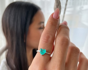 Heart Ring Silver 925, Turquoise CZ Heart Ring, Rose Gold Love Ring, Ocean colored Heart Solitaire Cubic Zirconia Ring, paraiba tourmaline