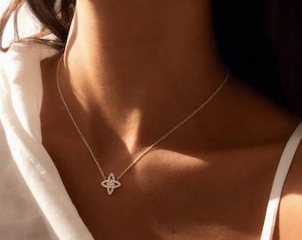 Gold Quatrefoil Necklace, CZ Four Leaf Clover Pendant, 925 Sterling Silver Lucky Charm