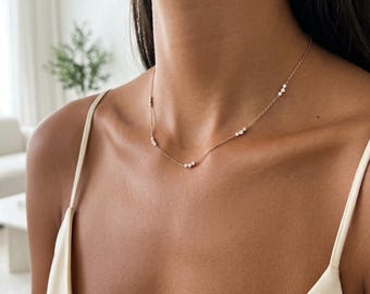 Bezel CZ Station Necklace, 14K Gold over 925 Sterling Silver Dainty Choker Necklace, Minimalist Layering Necklace Gift for Her