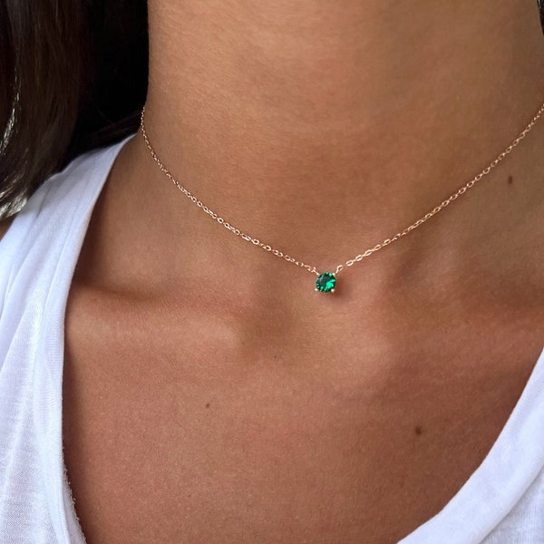 Green emerald Solitaire Choker Necklace, Silver 925 Green cubic zirconia Stone Pendant Necklace, 14k Rose Gold CZ Diamond Solitaire Necklace