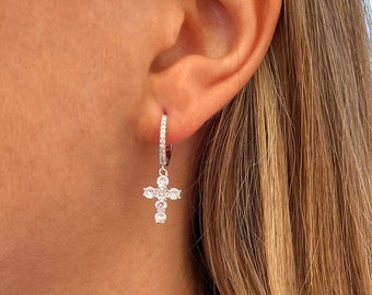 Cross Hoop Earrings, Dangle & Drop Earrings 14k Gold over Sterling Silver 925 with Cubic Zirconia, Religious Jewelry