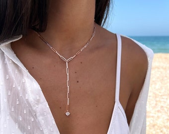 Silver Lariat Y Necklace, Long Drop Lariat, Link Y Chain, Gold Lariat Chain Necklace, Silver 925 Long Necklace,  cubic zirconia Pendant