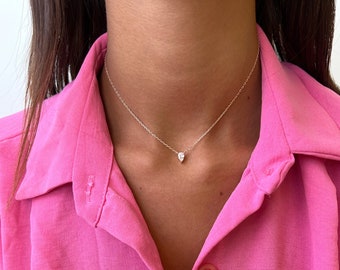 Teardrop Necklace Silver 925, CZ Pear Teardrop Choker Pendant Necklace, Minimalist Rose Gold Teardrop Charm Cubic Zirconia