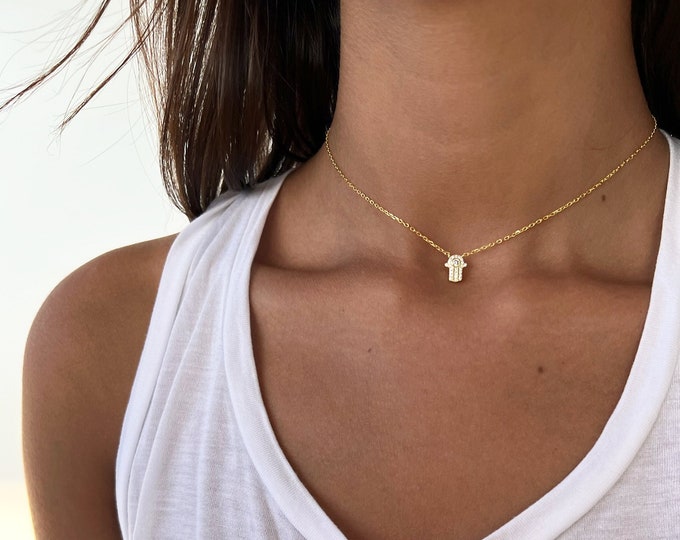 Hamsa Choker Necklace, Hand of Fatima Protection Charm, 925 Sterling Silver, Gold or Rose Gold