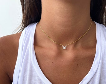 Butterfly Necklace Choker, CZ Butterfly Charm Necklace, silver 925 Butterfly Choker Necklace, 14k Gold Butterfly Pendant Necklace