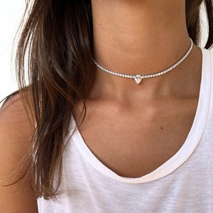 Tennis Choker Necklace with Teardrop Solitaire, 925 Sterling Silver, Gold or Rose Gold Plated