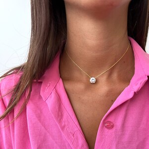 Big Solitaire Necklace, 14K Gold Plated, Sterling Silver 925, Round CZ Diamond Pendant, Minimalist Bridal Jewelry, Elegant Gift for Her