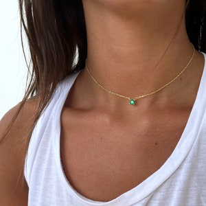 Emerald Choker Necklace, Tiny Emerald Pendant 14k Gold, Green Emerald Charm Necklace, Sterling silver 925 solitaire Necklace, Gift For Her