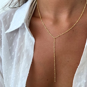 Gold Lariat Y Necklace, Long Drop Lariat, Y Chain, Gold Lariat Necklace, Sterling Silver 925 Long Necklace, Rose Gold Beaded Chain Necklace