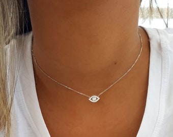 Collier en argent mauvais œil, troisième œil, tour de cou mauvais œil, pendentif oeil en argent, breloque oeil CZ, bijoux de protection modernes minimalistes délicats
