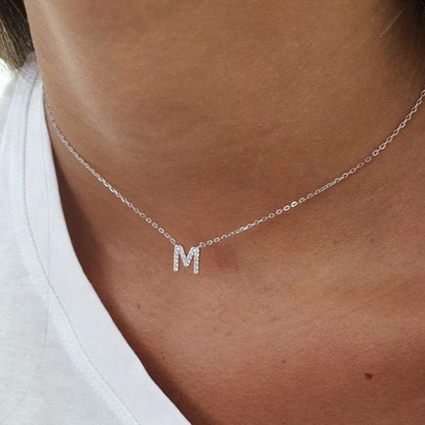 Letter necklace, Choker necklace,  Silver sterling 925, gold plated, rose gold plated with CZ, fashion jewelry