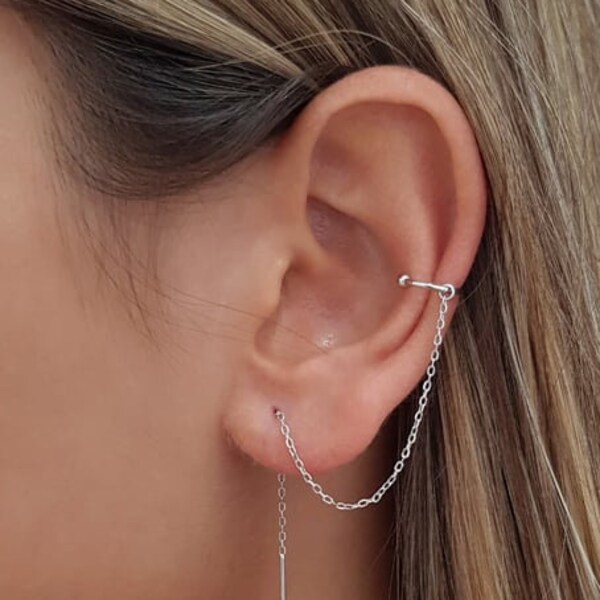 Sterling Silver Ear cuff With Chain, No Piercing Ear Cuff, Huggie Ear Cuff, Dainty Ear Cuff, Fake Helix piercing, Cartilage Earring Hoop