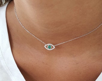 Emerald Green Evil Eye Necklace, Sterling Silver 925 Choker with Gold or Rose Gold Plated CZ Pendant, Dainty Protection Jewelry for Women
