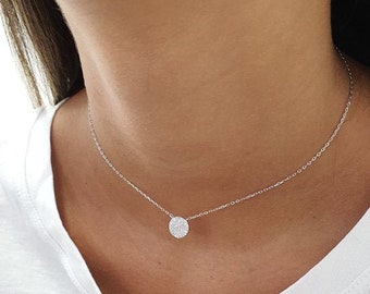 Collier disque pavé en argent, pendentif rond zircone cubique, bijoux minimalistes élégants modernes faits main en argent