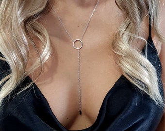 Silver 925 Long Necklace Circle, Lariat Necklace, Minimalist Falling Chain Necklace, Rose Gold Y Necklace for women