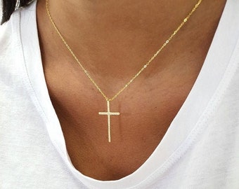 Collar cruzado de oro de 14k, colgante de collar religioso, collar cruzado para mujer, collar de encanto de oro cruzado CZ, collar de circonita cúbica