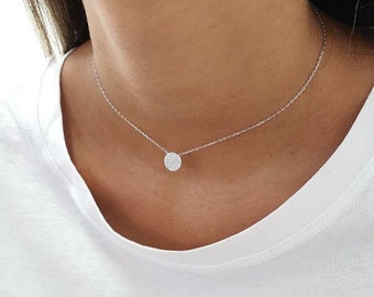 Pave Disc ketting, Rose Gold Disc ketting, Cubic Zirconia Disc ketting, gouden ronde ketting, 925 Sterling zilveren cirkel ketting