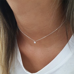 Dainty Diamond Solitaire Necklace, Minimalist Sterling Silver 925 Choker Pendant Necklace, Minimalist Rose Gold CZ Charm Necklace for Women