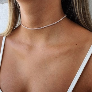 Gold Tennis Necklace, Dainty Sterling Silver 925 CZ Tennis Chain Necklace, Tennis Choker Necklace for Women, Elegant Prom or Event Jewelry