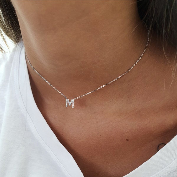 Cubic Zirconia Custom Initial Necklace, Pave Tiny Initial Necklace, Diamond Necklace, Letter Charm, 925 Sterling Silver, Gold, Rose Gold