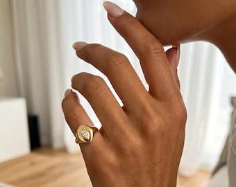 Anello da mignolo con sigillo in oro, anello vistoso in argento sterling 925 con taglio marquise, anello aperto con zirconi incastonati a castone, anello regolabile per mignolo.
