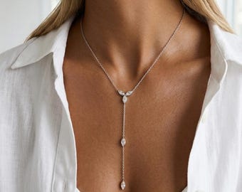 Gold Lariat Halskette, 14K Gold CZ Marquise Y Halskette, Sterling Silber 925 Tropfenkette Marquise Blumenhalskette