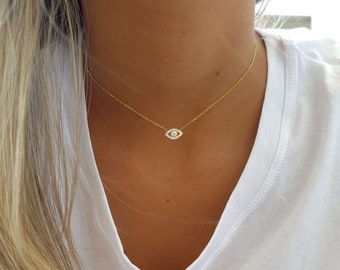 Gold-Augen-Halskette, Drittes Auge, Evil Eye Choker, Gold Eye Anhänger, Eye Charm, Zierliches Auge, Schutz Schmuck, Minimalist