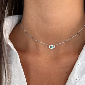 Silver Evil Eye Necklace, Gold Third Eye, Dainty Green Evil Eye Pendant Necklace, Sterling Silver 925 Chain CZ Eye Charm Necklace for Women