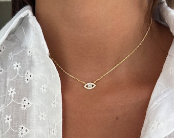 Protection Eye Necklace, 14K Gold over 925 Sterling Silver Evil Eye Charm Pendant, Dainty Layering Necklace Gift for Her