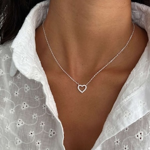Minimalist Gold Heart Charm Necklace With Cubic Zirconia Accents, Minimalist Sterling Silver Friendship Jewelry, Perferct Valentine’s Gift