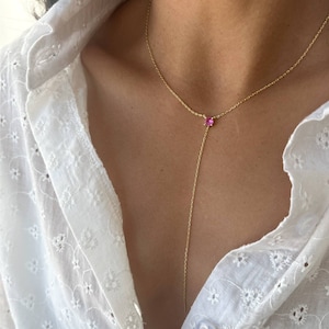 Silver 925 Laiat Necklace, Pink Solitaire Lariat Y drop Necklace, Pink CZ Charm Lariat Necklace, Rose Gold Y Laiat Long Necklace