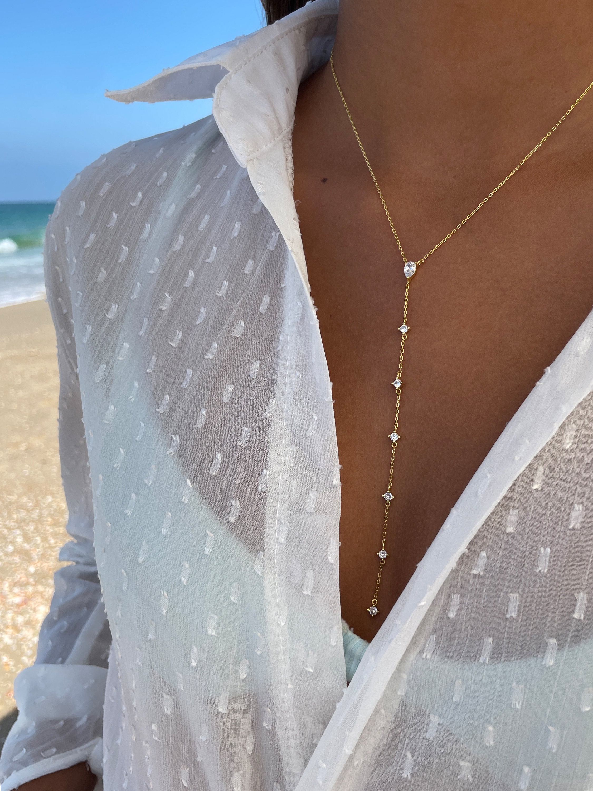 Collana Lunga Lariat Stratificata Oro - Doppi Anelli E Goccia, Gioiello A Y In Lega Per Donna E Ragazza, Stile Boho - 4