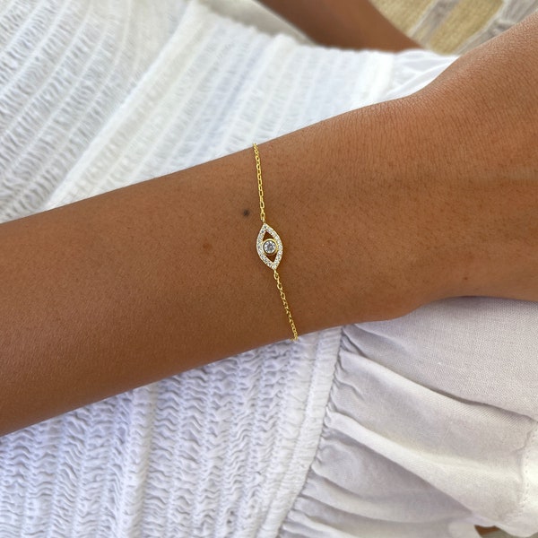 silver 925 Evil Eye Bracelet, 14k Gold Evil Eye CZ Charm Bracelet, Protection Bracelet, Good Luck Bracelet, Cubic Zirconia Eye Bracelet