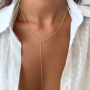 Collier lariat en or rose, collier chaîne satellite, collier long lariat en Y délicat, collier de perles en argent sterling 925 pour femme