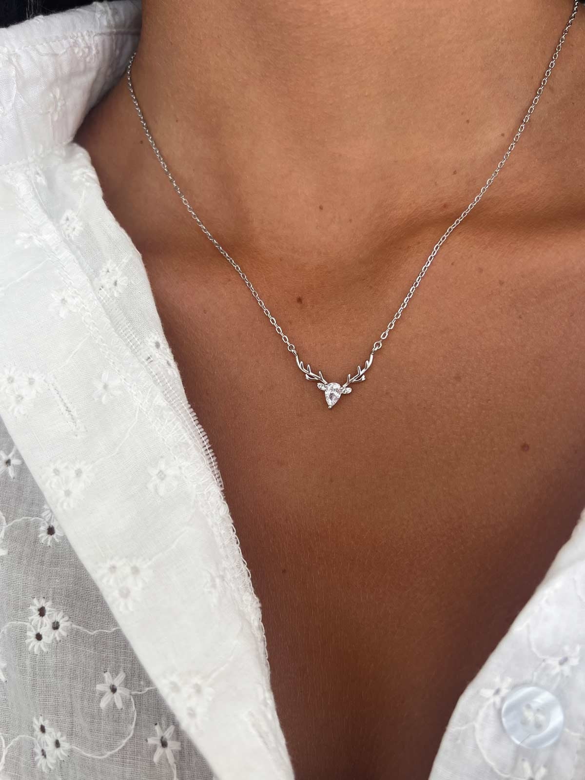 Collana Donna In Argento 925 Con Ciondolo Corna Di Cervo E Opale – Gioiello Elegante Ipoallergenico, Catena Regolabile 45+5cm, Regalo In Scatola
