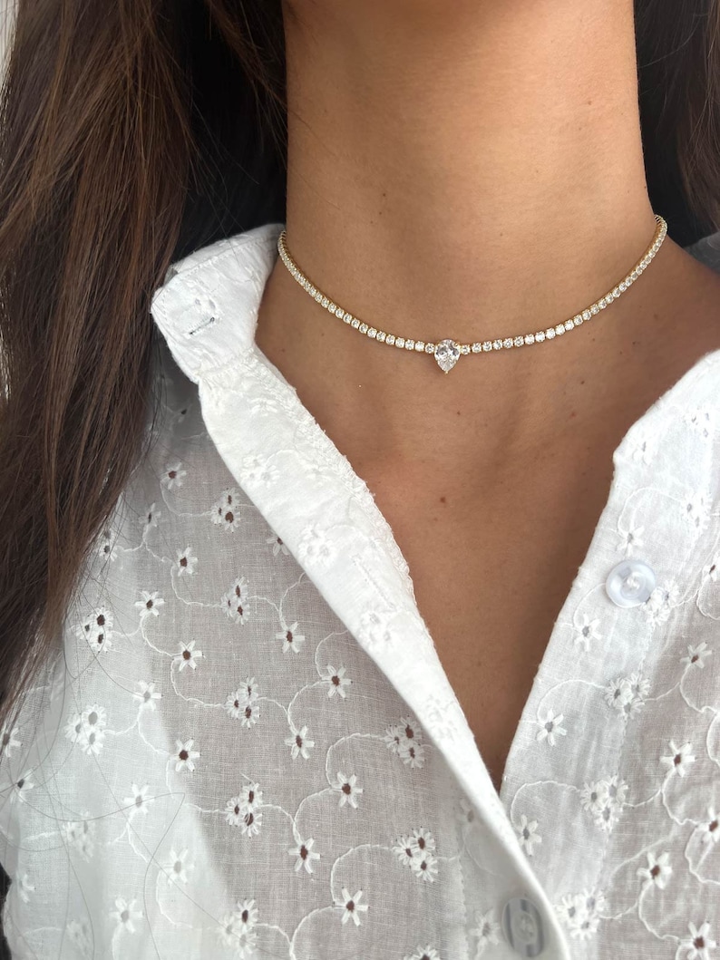 Tennis Necklace Silver 925, Teardrop Pendant Tennis Choker, Pear CZ Tennis Choker, Cubic Zirconia Tennis Choker Necklace, Rose Gold Choker image 6