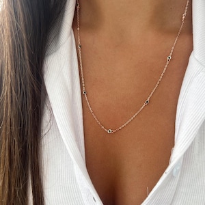 14k Gold Chain Necklace, Sterling Silver 925 Green CZ Charm Necklace, Emerald Green CZ Diamond Solitaire Dazzling Long Necklace for Women