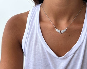Silber Engel Flügel Halskette, Zarte Zirkonia, Engel Minimalistischen Eleganten Handgemachten Anhänger Moderne Halskette