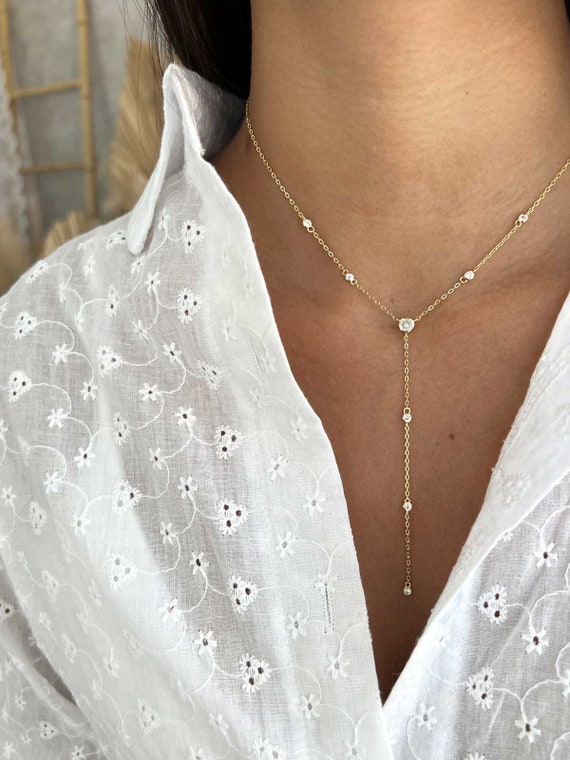 Silver 925 Lariat Necklace, Solitaire Lariat Y Drop Necklace, Rose