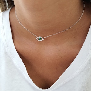 Gold Evil Eye Necklace, Third Eye Necklace, Evil Eye Choker, 925 Silver Eye Pendant, Green Eye Charm Necklace, Rose Gold Dainty Eye Necklace